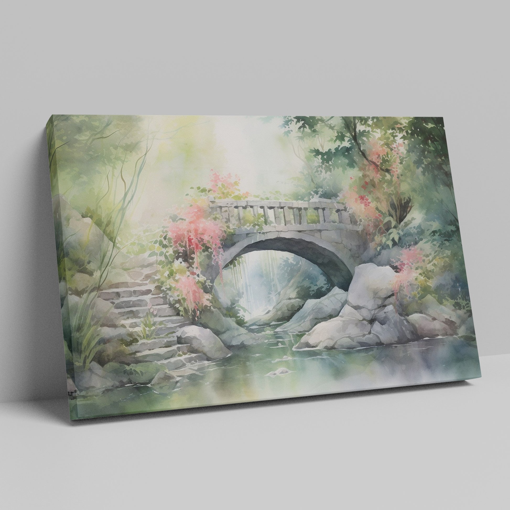 Framed canvas print of a serene stone bridge over a stream in a misty garden with lush greenery and flowering plants