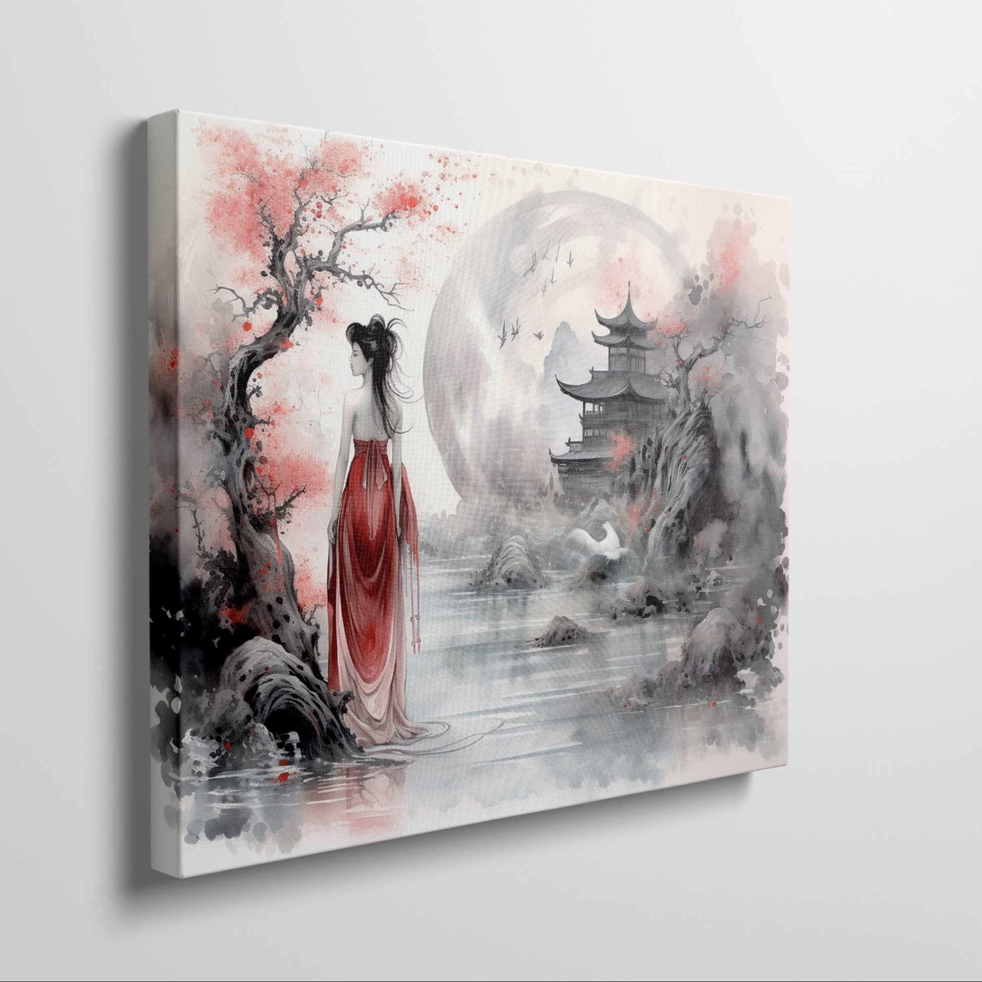 Framed canvas print of an Oriental landscape with a lady in red, cherry blossoms, and a traditional pagoda