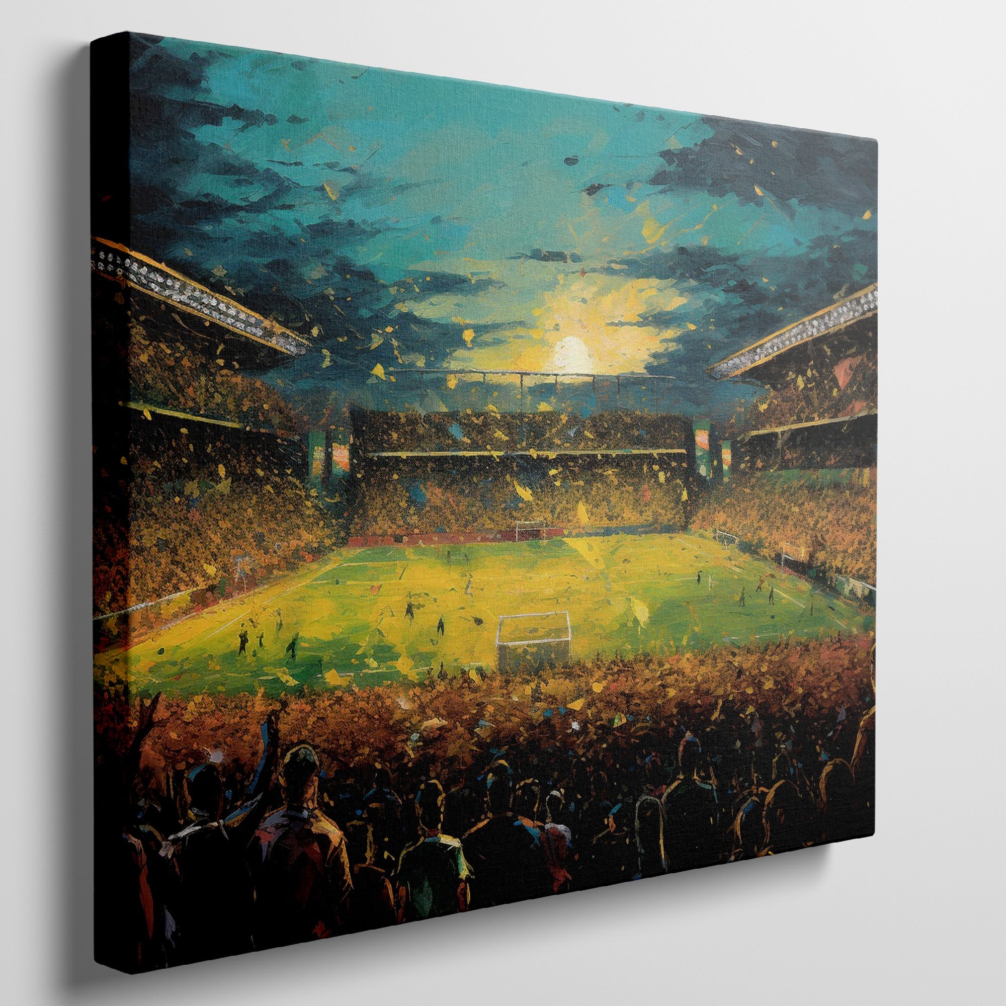 Framed canvas print of an impressionist painting capturing a football match at sunset with a cheering crowd