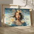 Framed canvas print of an ethereal woman with waterlilies and a dreamy blue palette