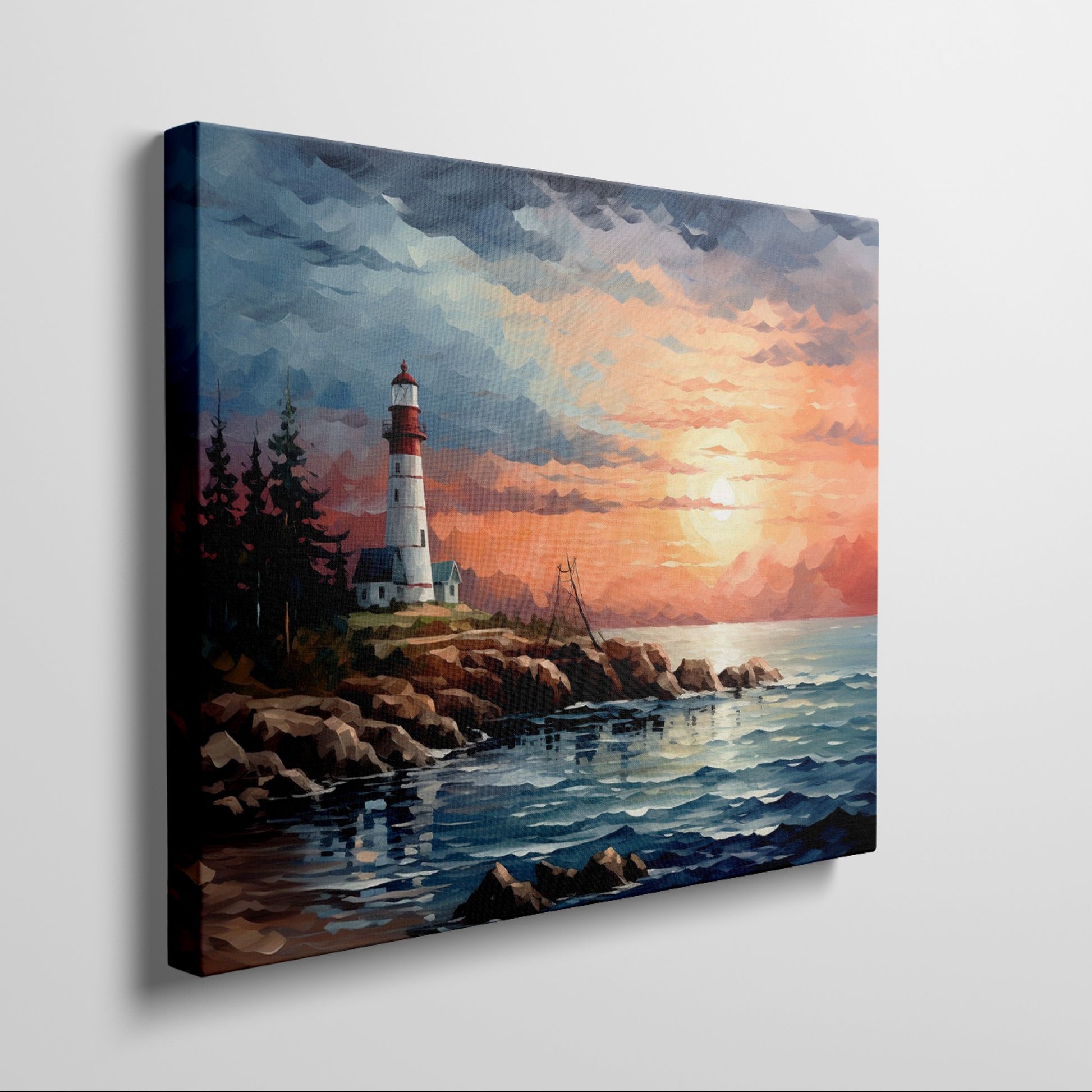 Framed canvas print of a vibrant impressionist sunset over a lighthouse and ocean