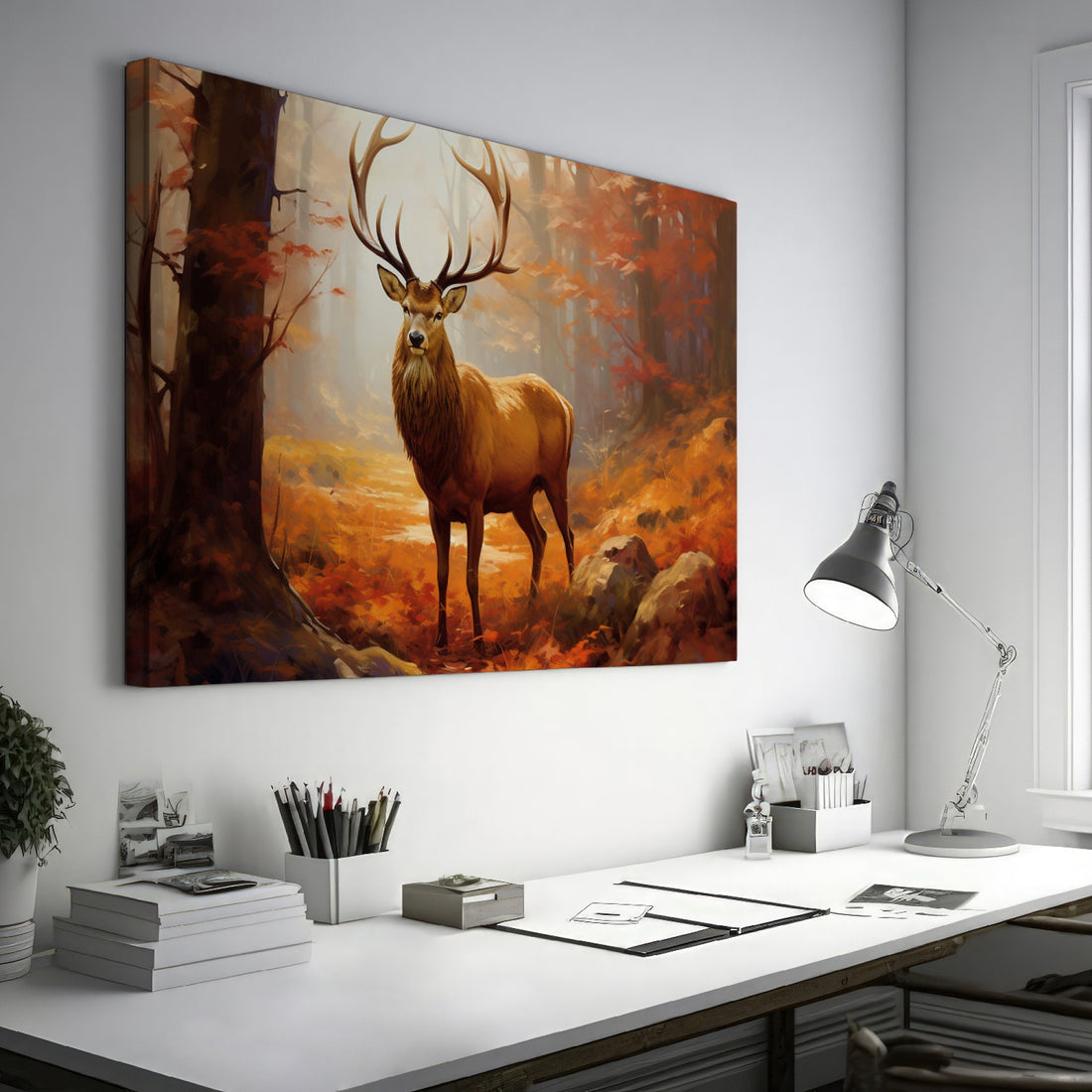 Framed canvas print of a majestic stag in an autumn forest with golden light