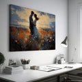 Framed canvas print of a couple embracing in a field at sunset with vibrant colours