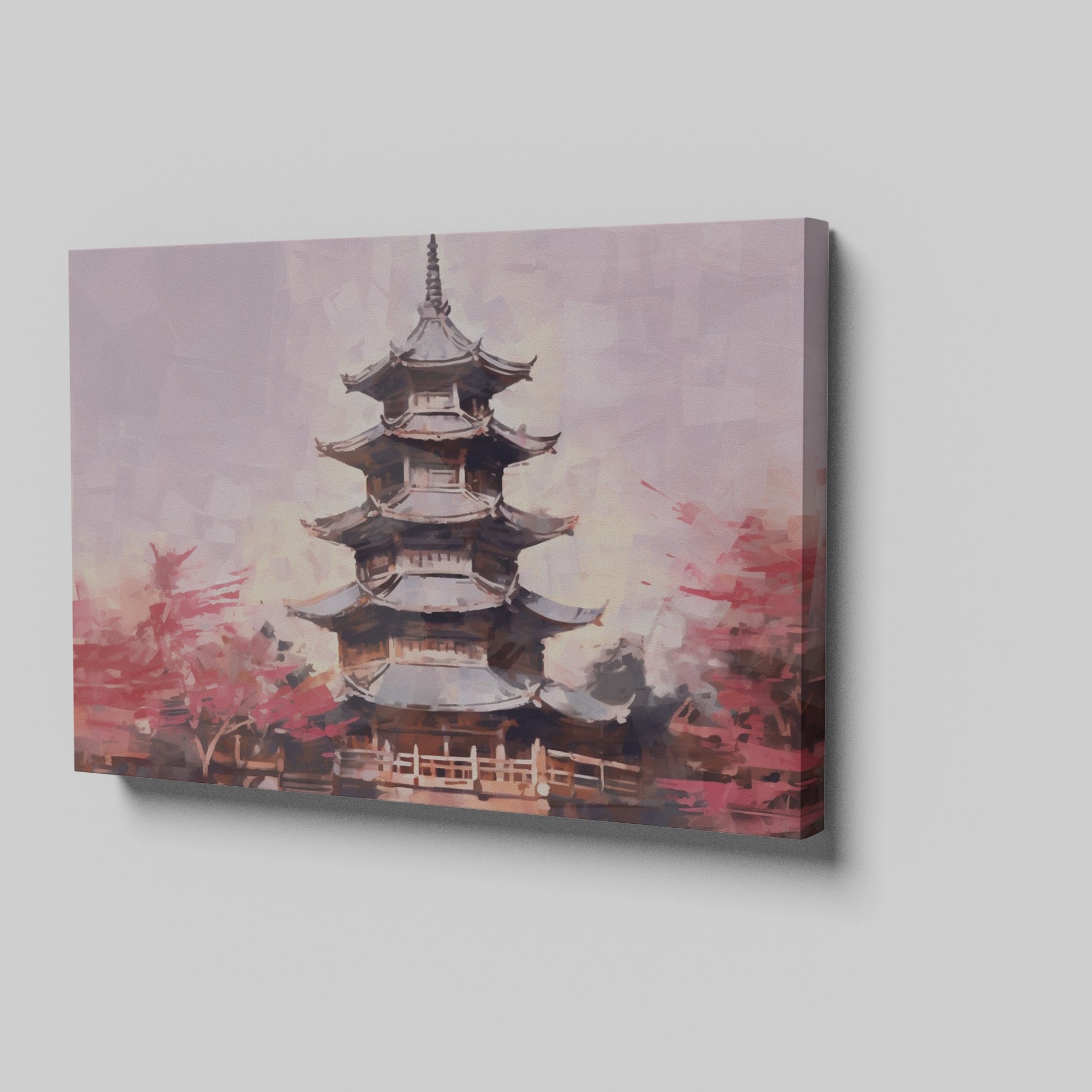 Framed canvas print of a tranquil pagoda with cherry blossoms in soft pastel hues