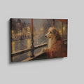 Framed canvas print of a dog looking out of a window at a city scene with warm, glowing lights