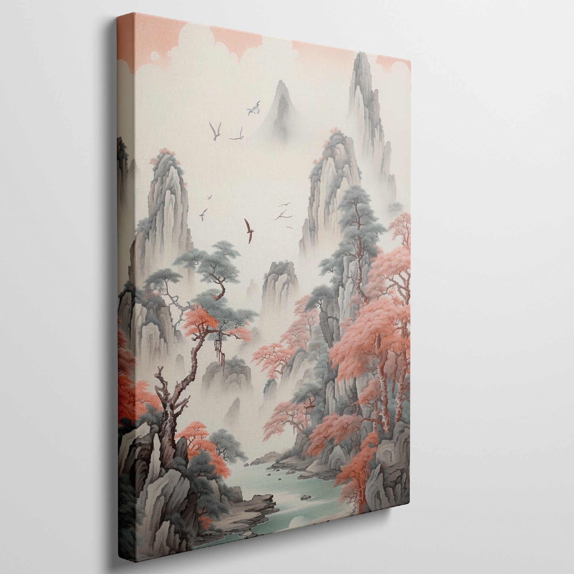 Framed canvas print of Asian mountainous landscape with autumnal trees and birds, in ink painting style