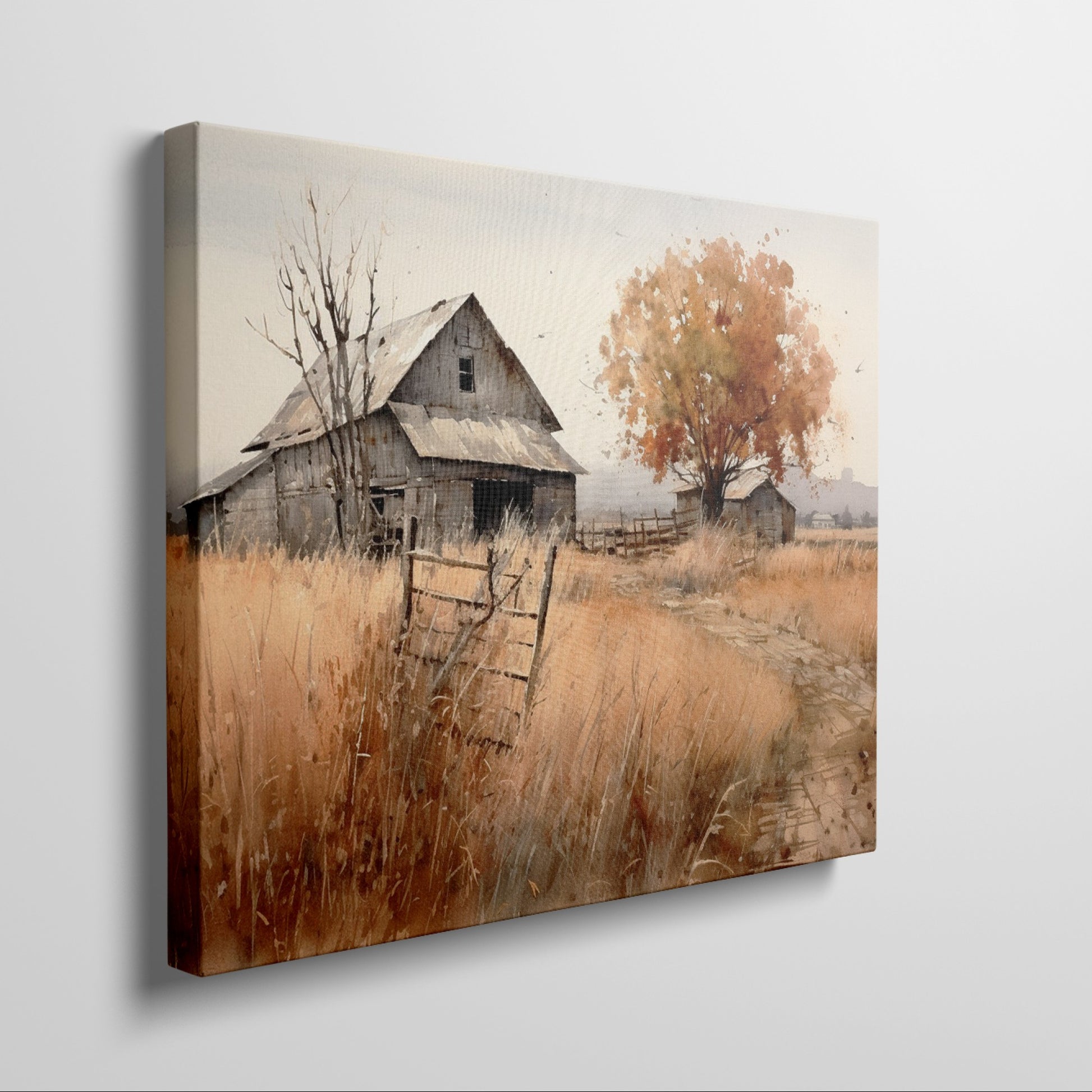 Framed canvas print of a rustic barn in autumn with golden fields and a leafy tree