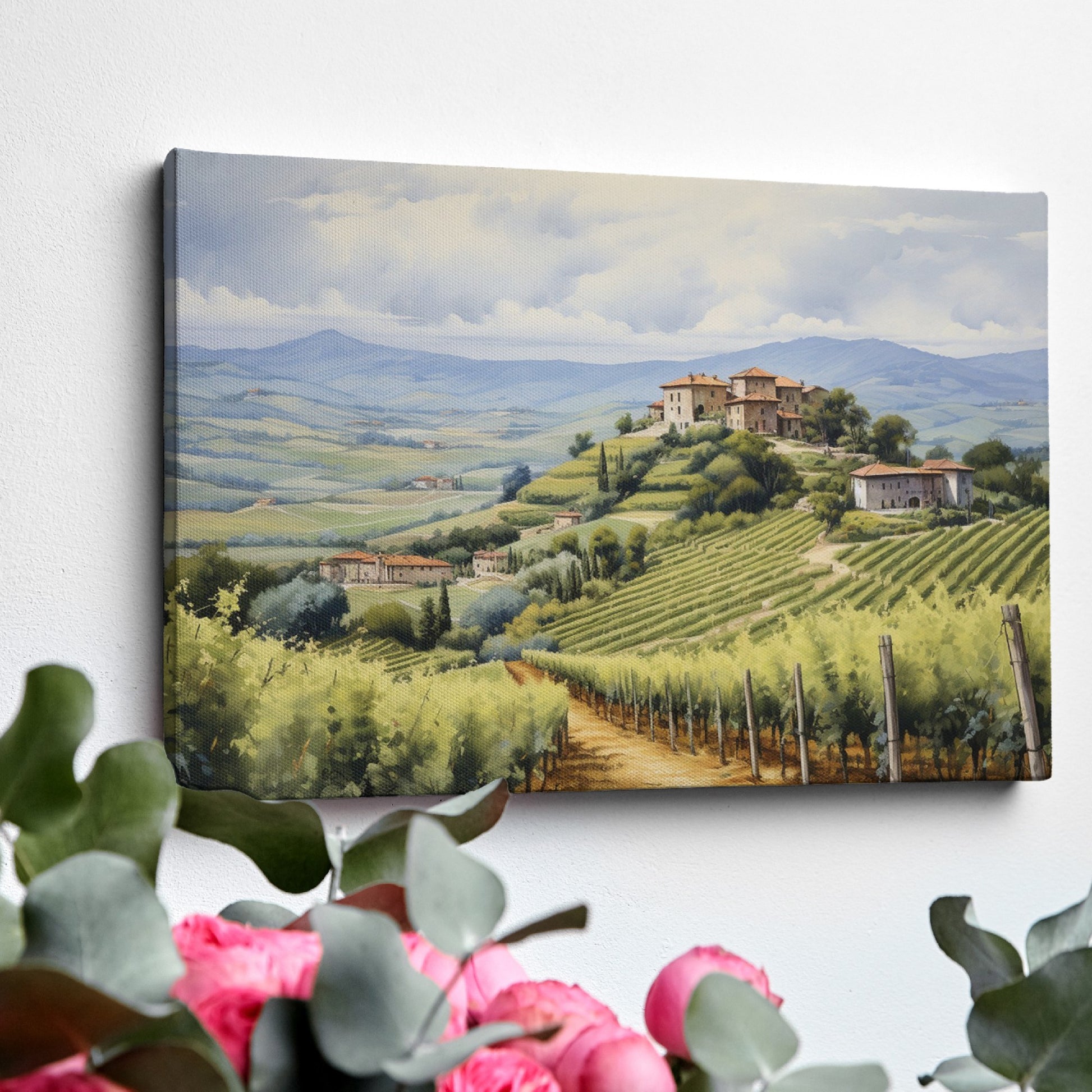 Framed canvas print of a tranquil Tuscan vineyard with rolling hills and Italian country houses