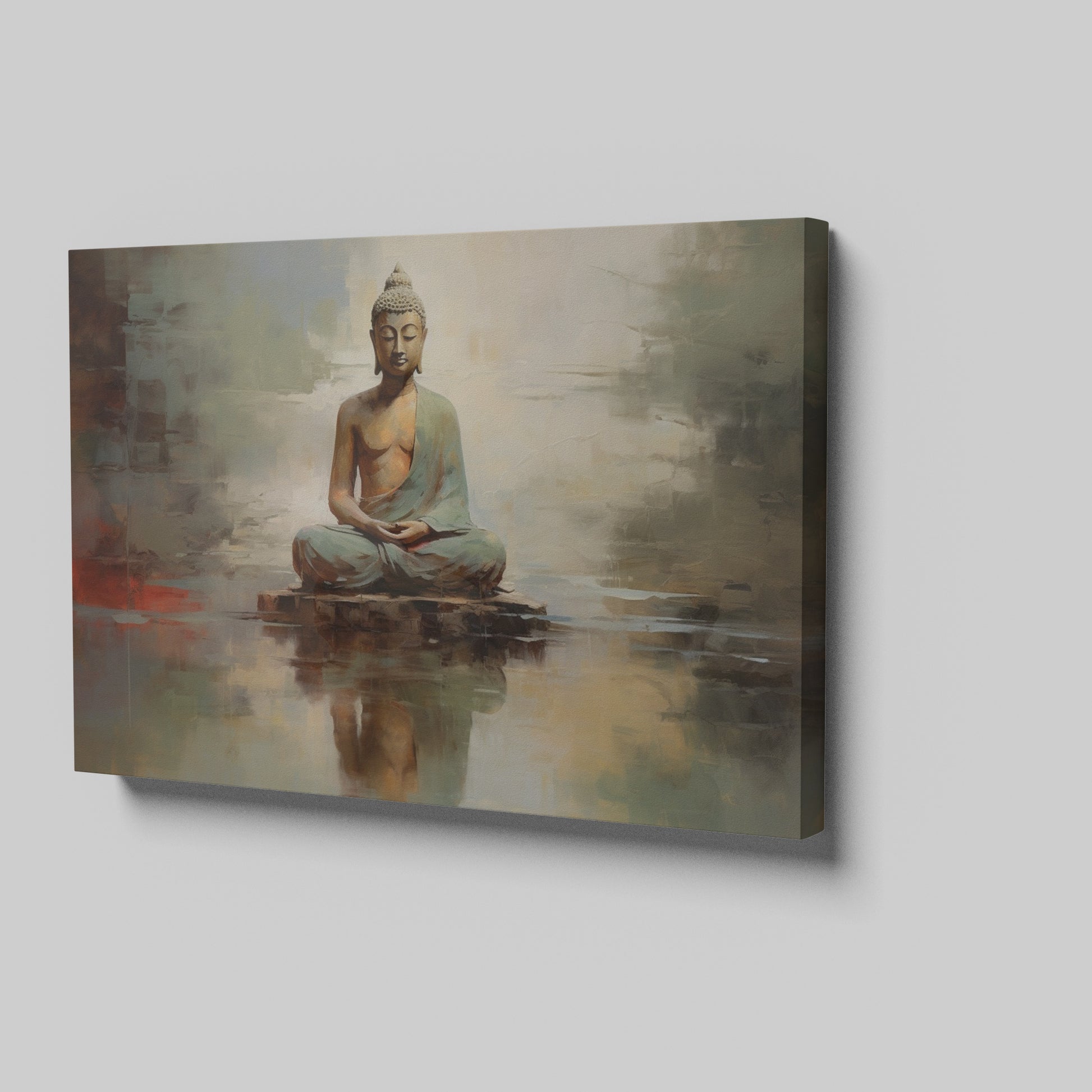 Framed canvas print of a meditative Buddha in warm tones with a reflective water effect