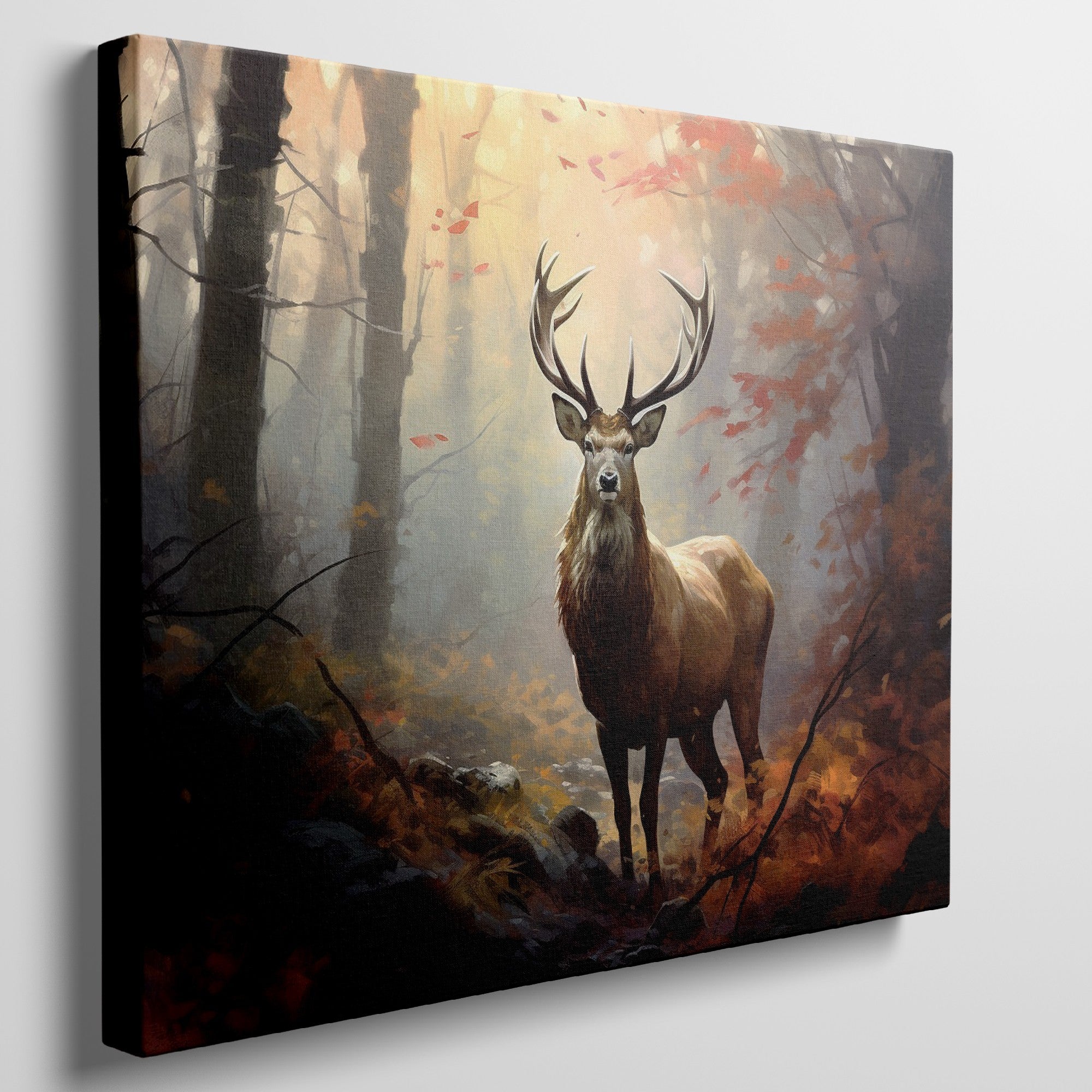 Framed canvas print of a majestic stag in an autumn forest with golden light filtering through the trees