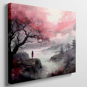 Framed canvas print of an oriental landscape with cherry blossoms, pagodas, and a silhouette of a person