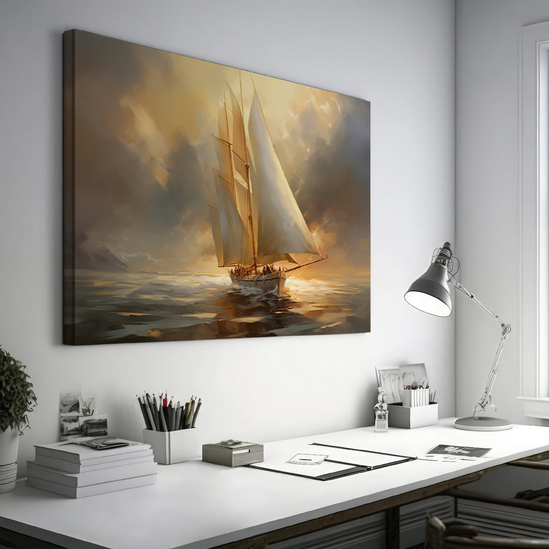 Framed canvas print of a classic sailing ship gliding through the ocean at sunset, with warm golden and amber tones in the sky