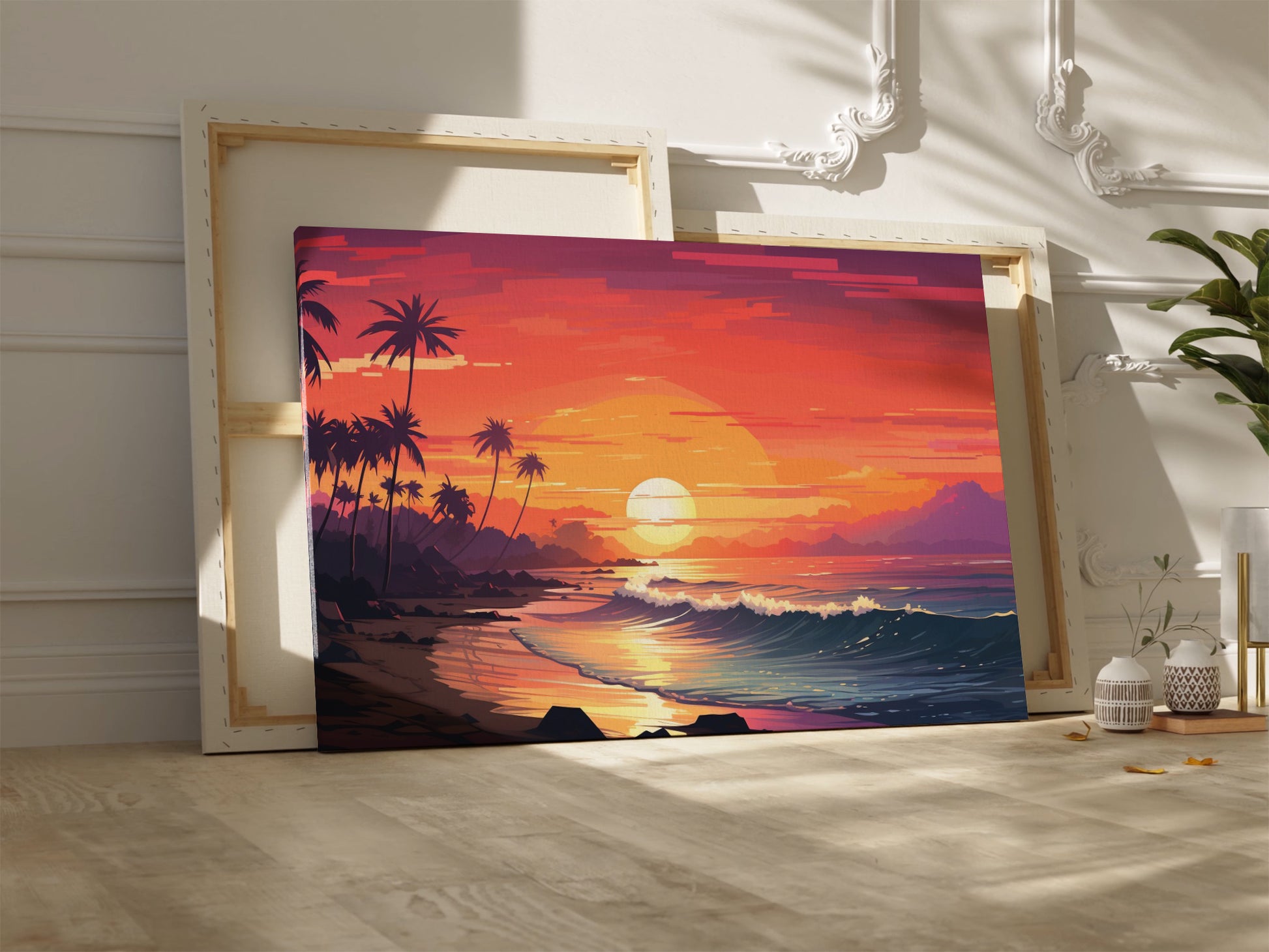 Framed canvas print of a digital tropical sunset with palm trees and ocean waves