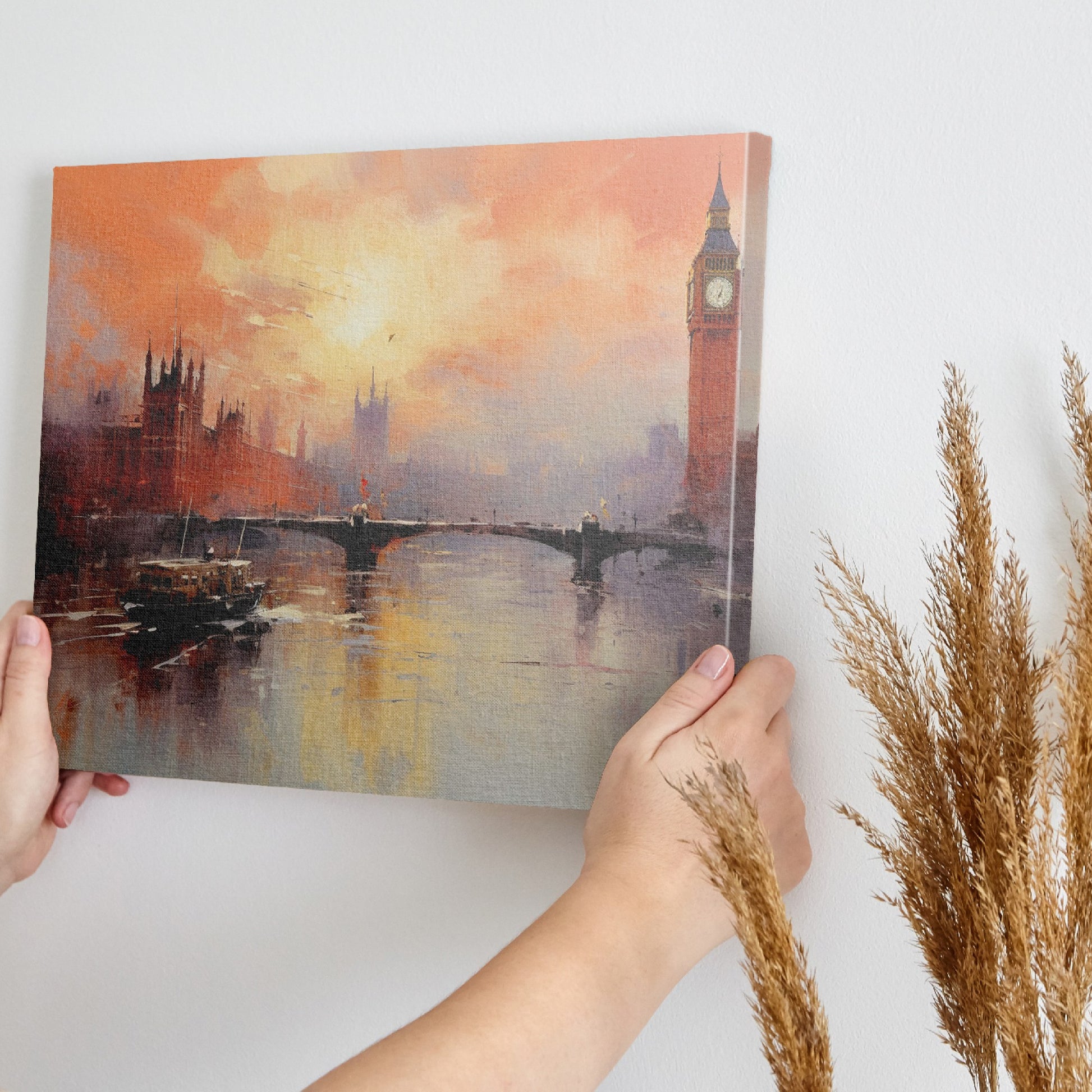 Framed canvas print of impressionist London skyline at sunset with Westminster Bridge and Thames River