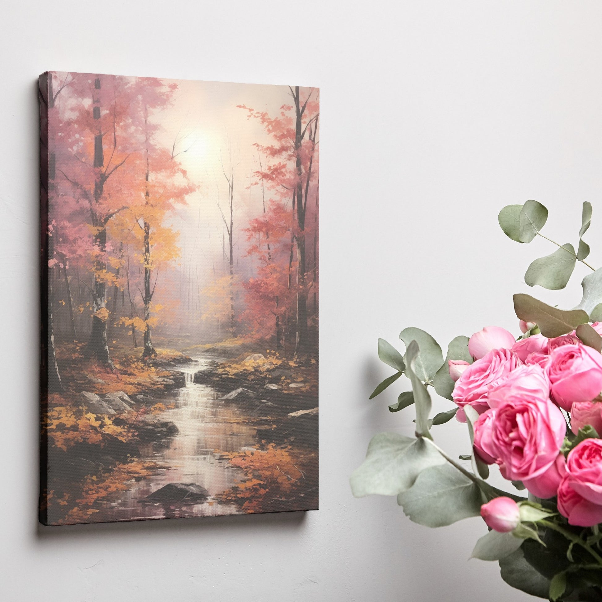 Framed canvas print of an autumn forest with a waterfall and misty atmosphere