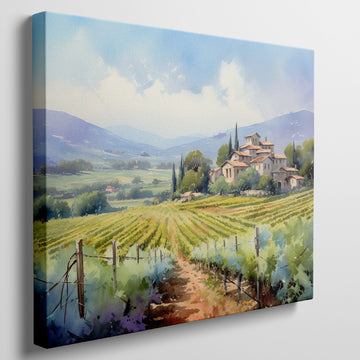 Framed canvas print of a Tuscan landscape with a villa and vineyards