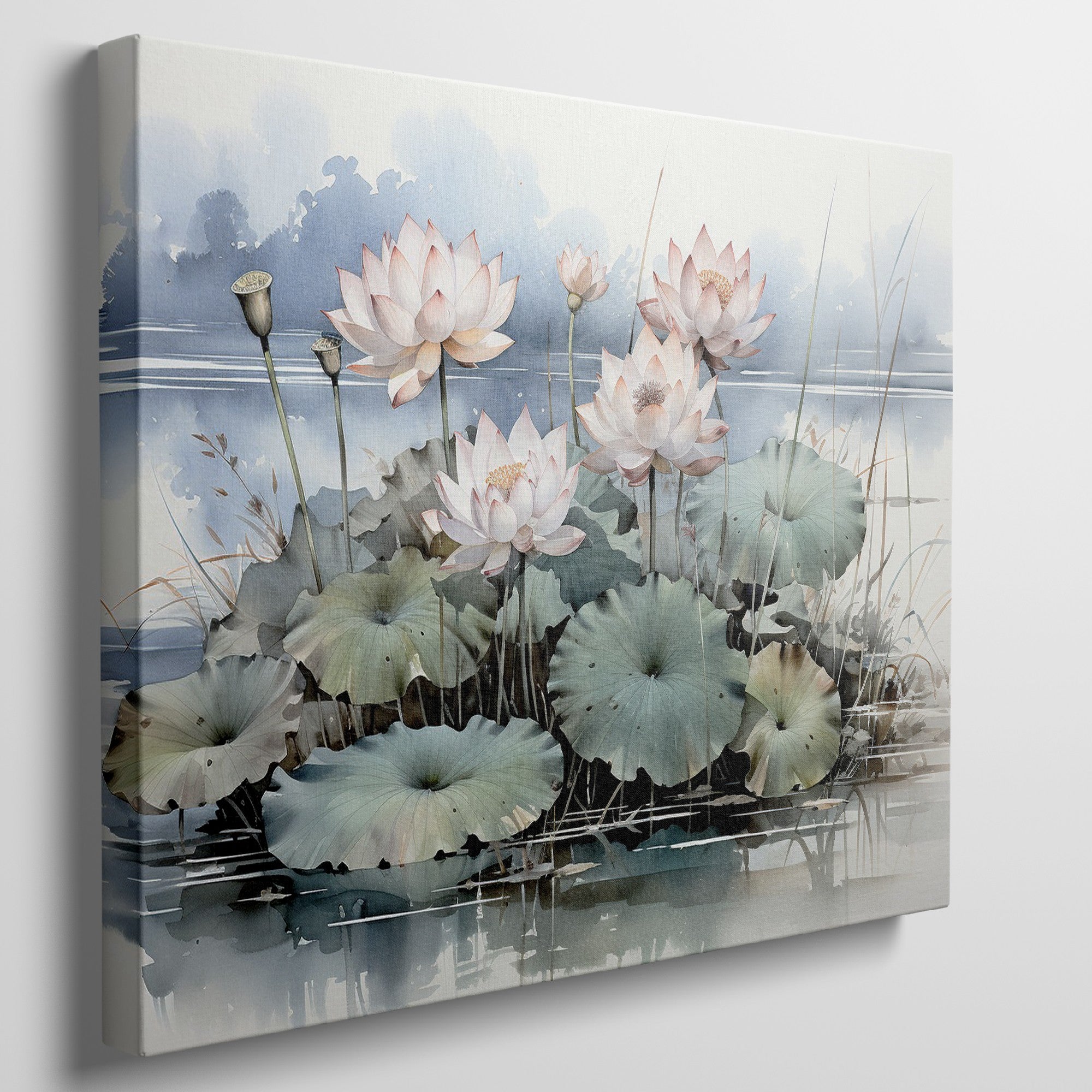 Framed canvas print of serene lotus pond with blooming flowers and gentle hues