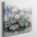 Framed canvas print of serene lotus pond with blooming flowers and gentle hues