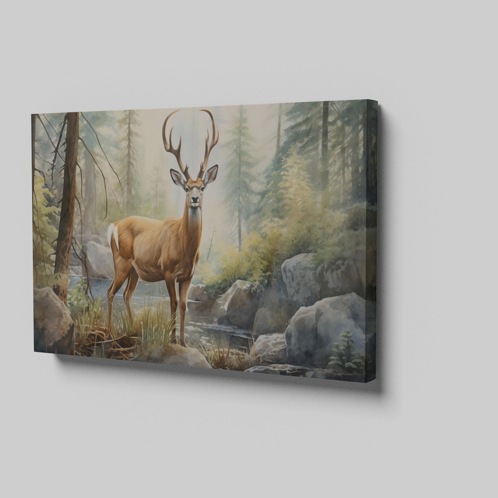 Framed canvas print of realistic deer in a forest with a stream and rocks