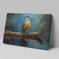 Framed canvas print of a Kingfisher bird with vibrant blue and orange plumage, perched on a branch over reflective water