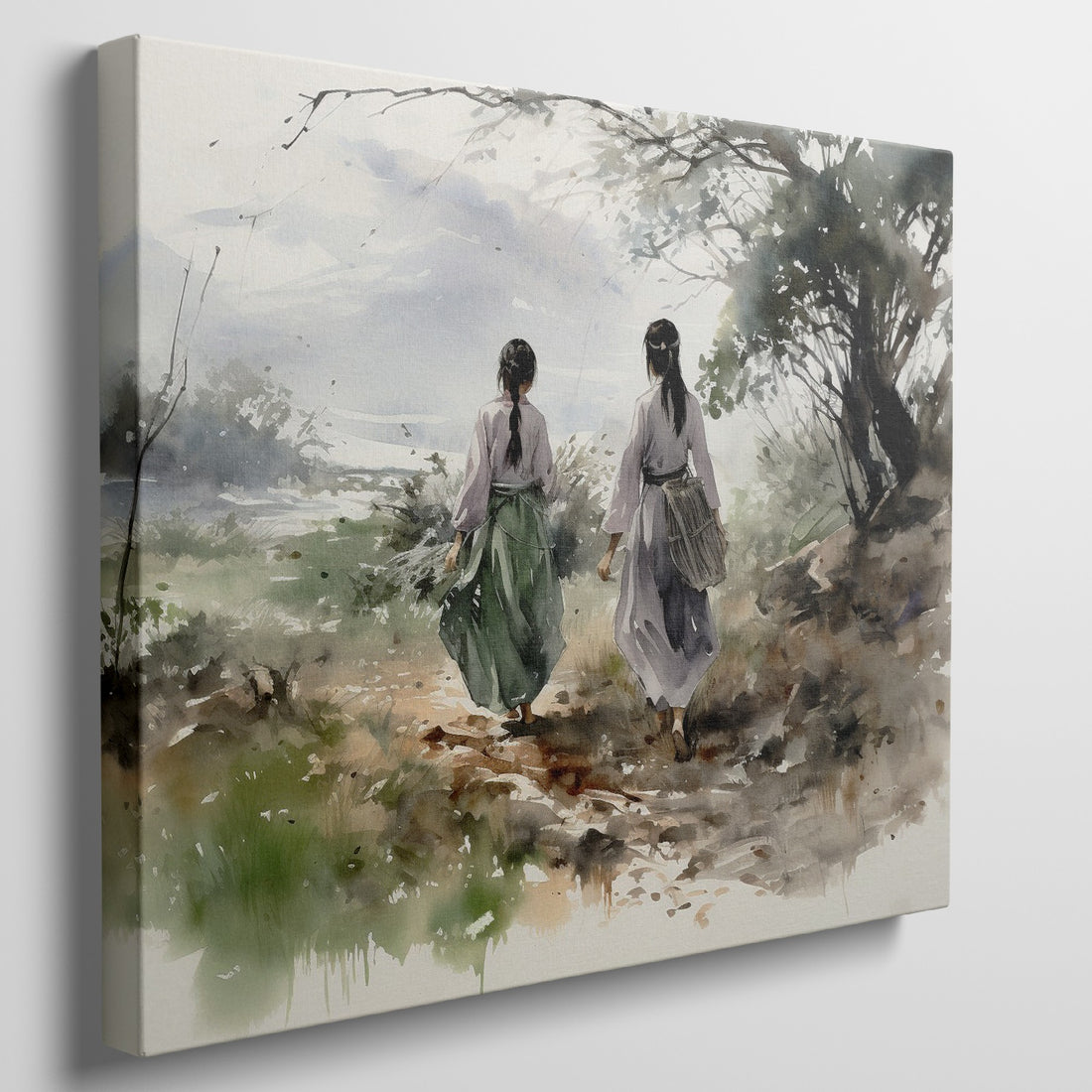 Watercolor painting of two figures in traditional attire walking through a natural landscape