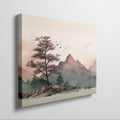 Framed canvas print of a tranquil mountain landscape with pastel colours and cherry blossoms