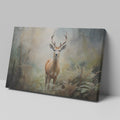 Framed canvas print of a majestic stag in a misty forest setting