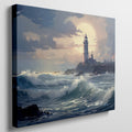 Framed canvas print of a lighthouse by the sea at sunset with crashing waves