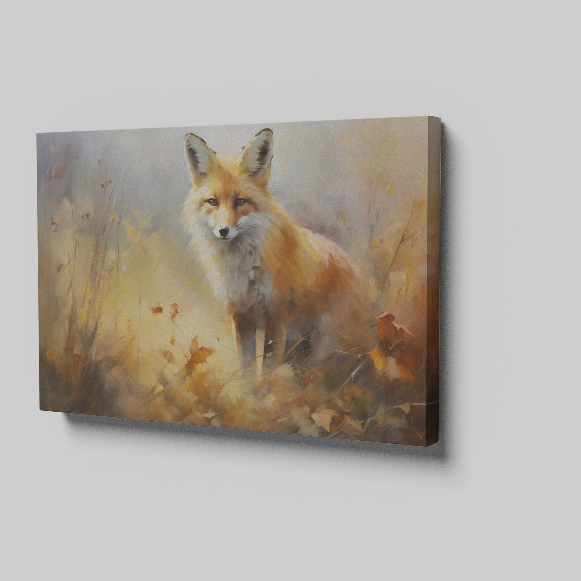 Framed canvas print of an impressionist painting of a fox set against the backdrop of golden autumn leaves and soft brushstrokes