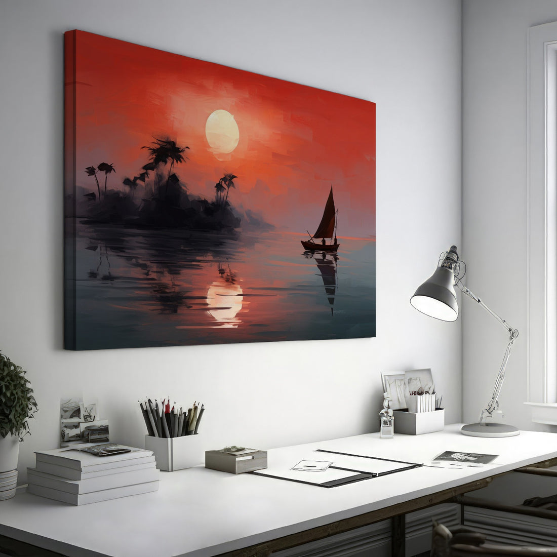 Framed canvas print of a tropical sunset with silhouette of sailboat and palm trees reflection on the water