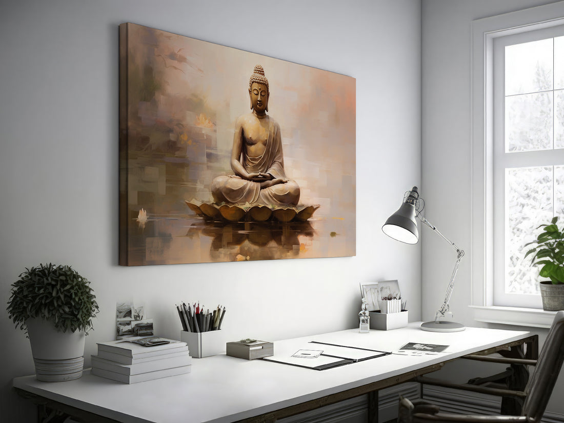 Framed canvas print of a serene Buddha in meditation with warm colour tones