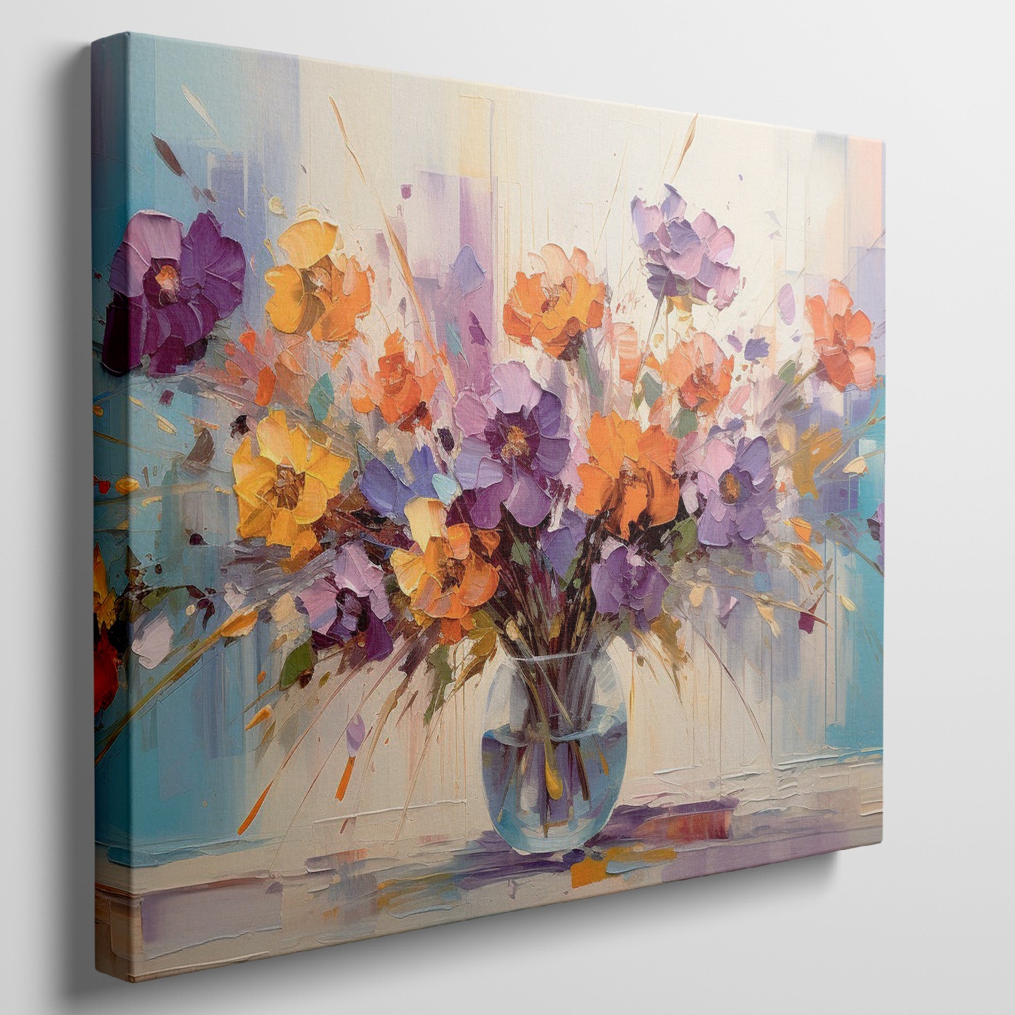 Framed canvas print of lively impressionist floral bouquet with vibrant purples, oranges, and yellows