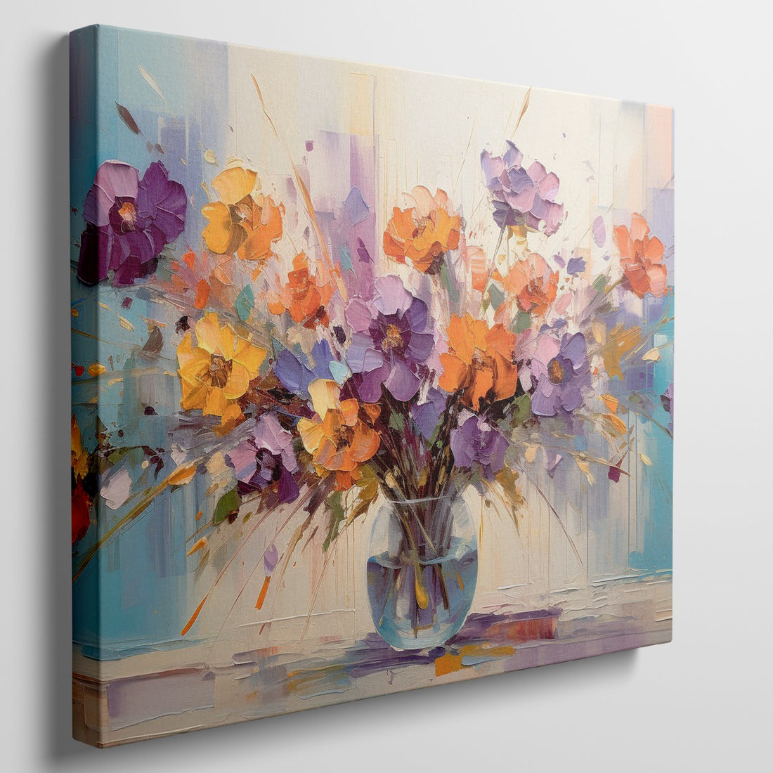 Framed canvas print of lively impressionist floral bouquet with vibrant purples, oranges, and yellows