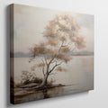 Framed canvas print of a tranquil lake landscape with an autumn tree at dusk