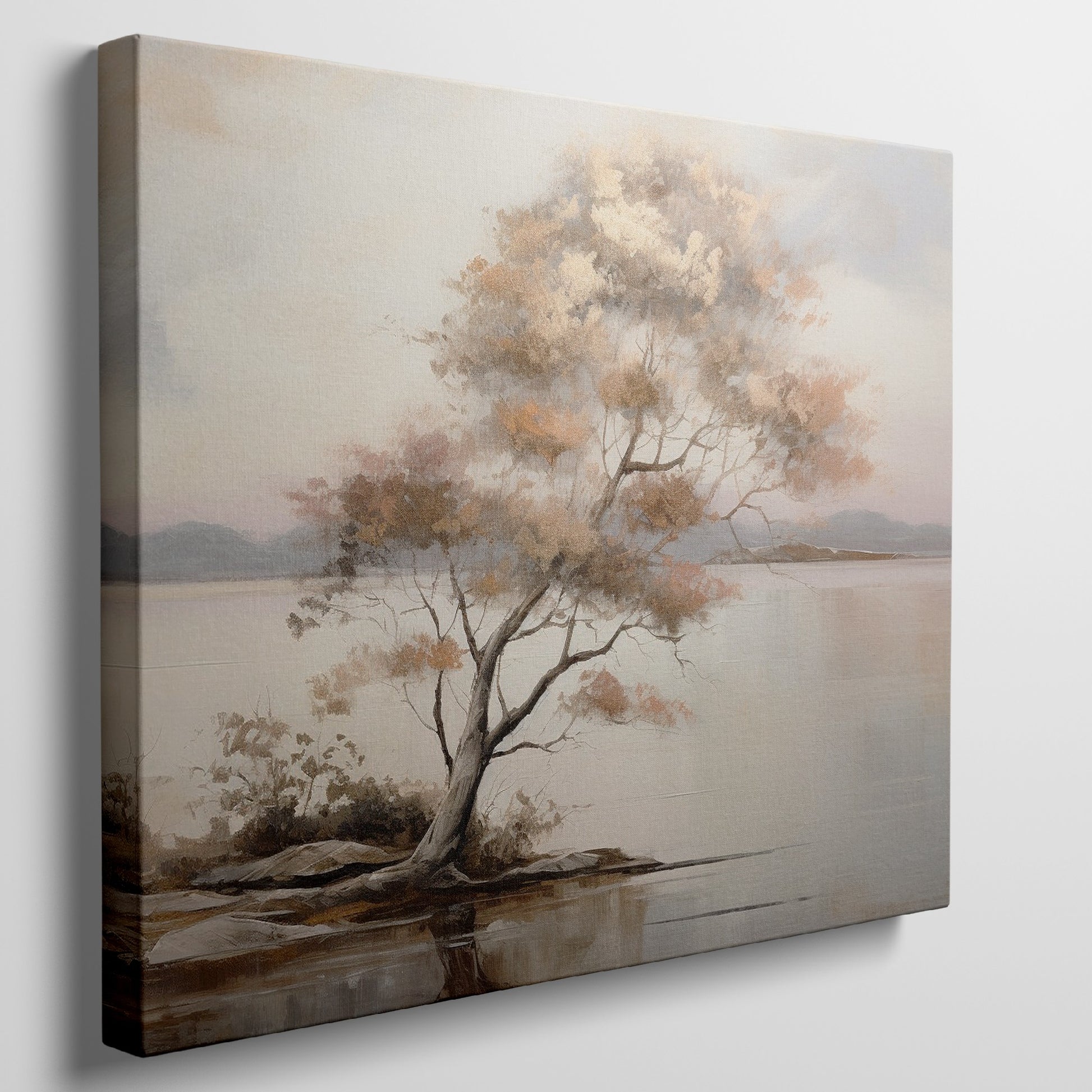 Framed canvas print of a tranquil lake landscape with an autumn tree at dusk