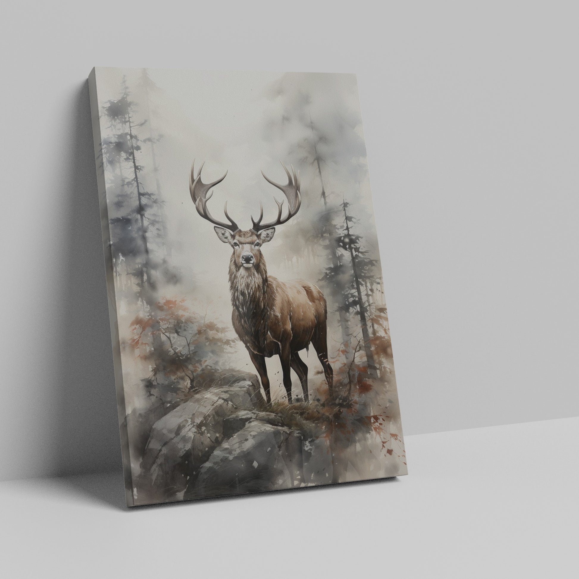 Framed canvas print of a majestic stag in a misty woodland watercolor painting