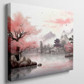 Framed canvas print of oriental landscape with cherry blossoms and pagoda