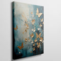 Framed canvas print of abstract painting with butterflies and flowers in gold on a teal background