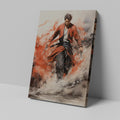 Framed canvas print of a dynamic Samurai in traditional red and black attire with expressive brush strokes