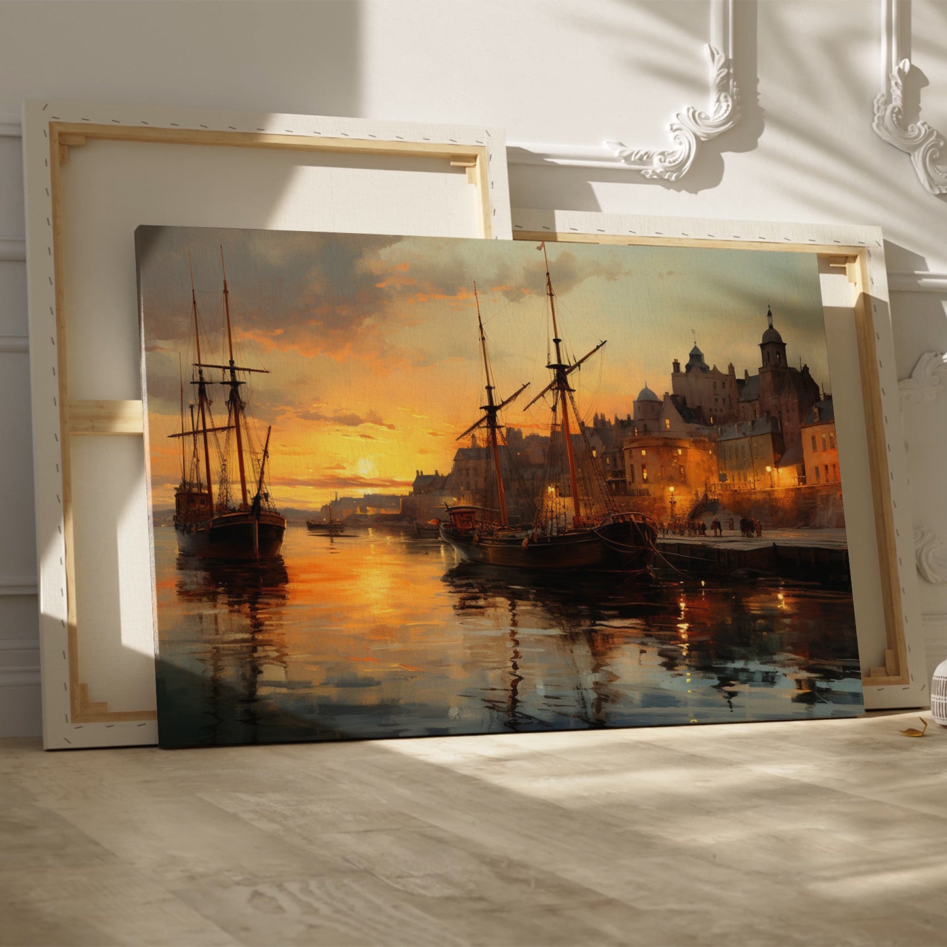 Framed canvas print of a sunset over a historic harbour with vintage ships