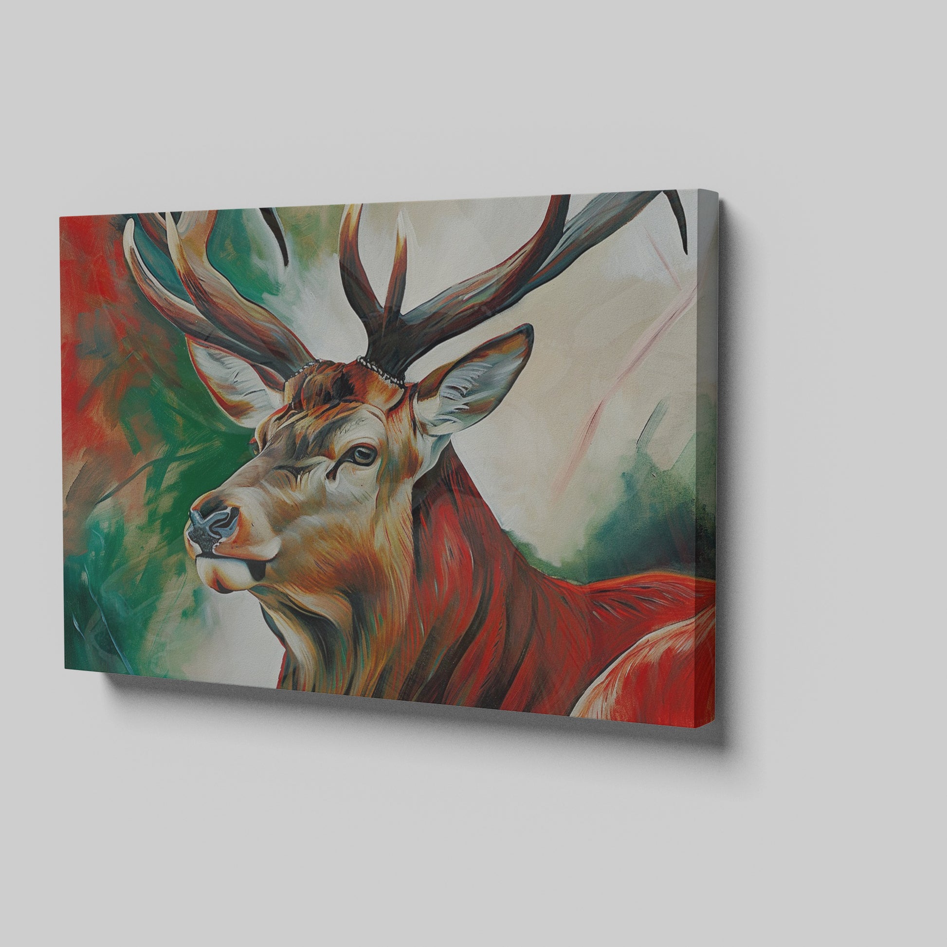 Framed canvas print of a vibrant, abstract impressionistic stag with bold colours and brushstrokes