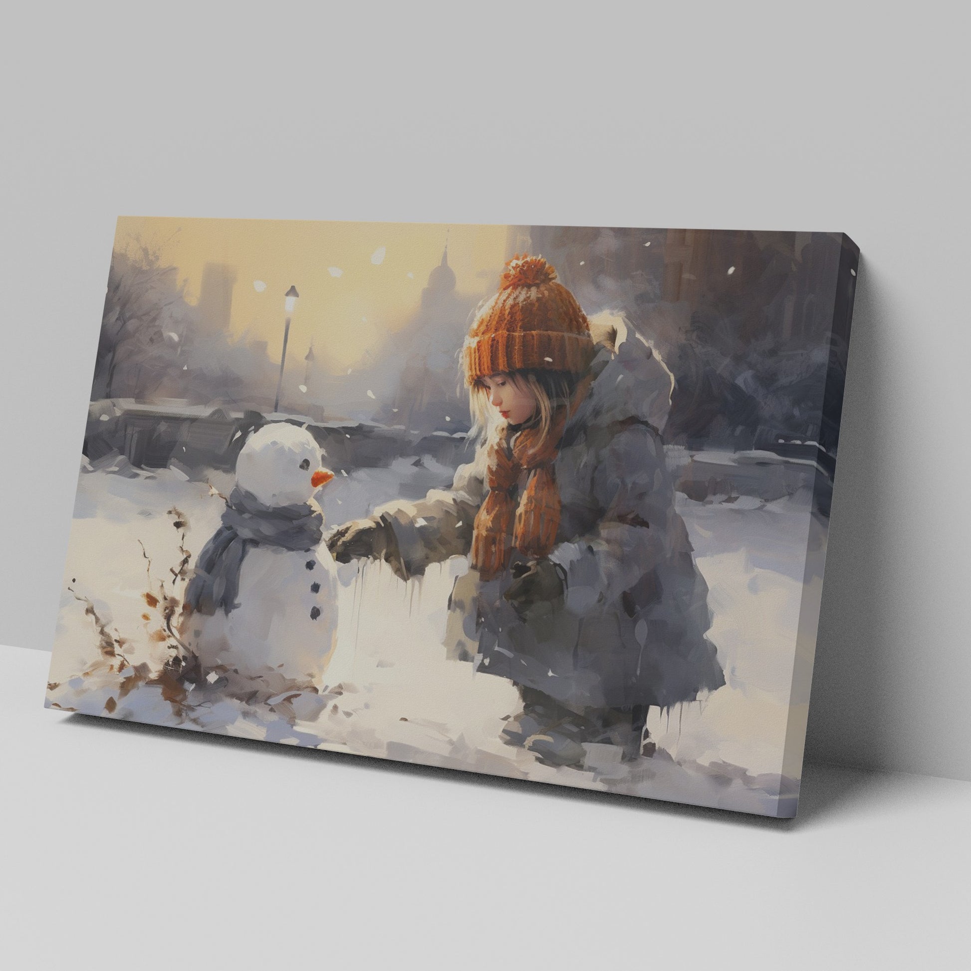 Framed canvas print of a child building a snowman in a snowy urban park during golden hour