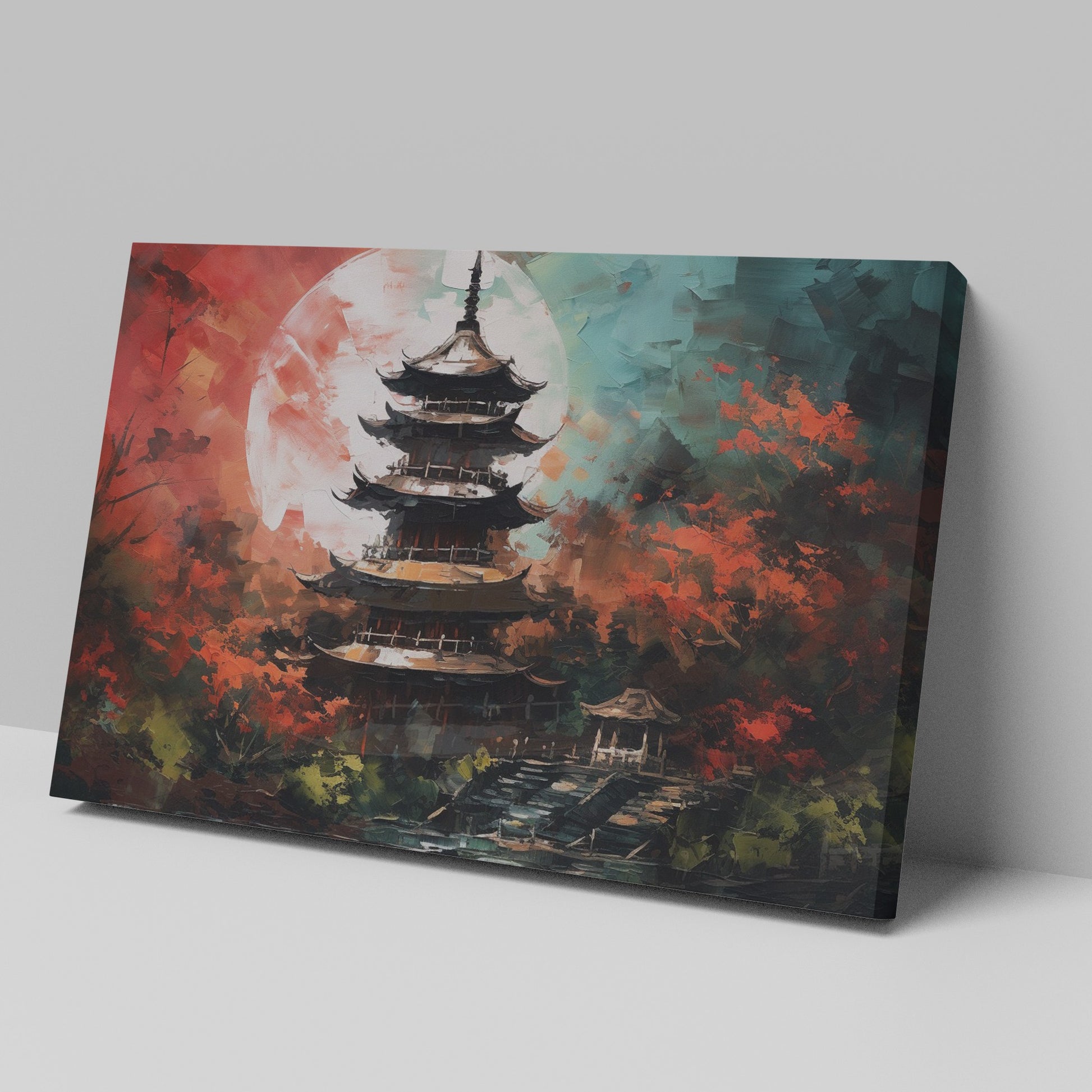 Framed canvas print of an oriental pagoda in crimson and teal colours with moonlit scenery