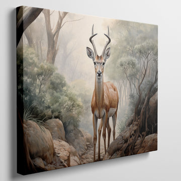 Framed canvas print of a realistic antelope in a misty forest setting with warm, earthy tones