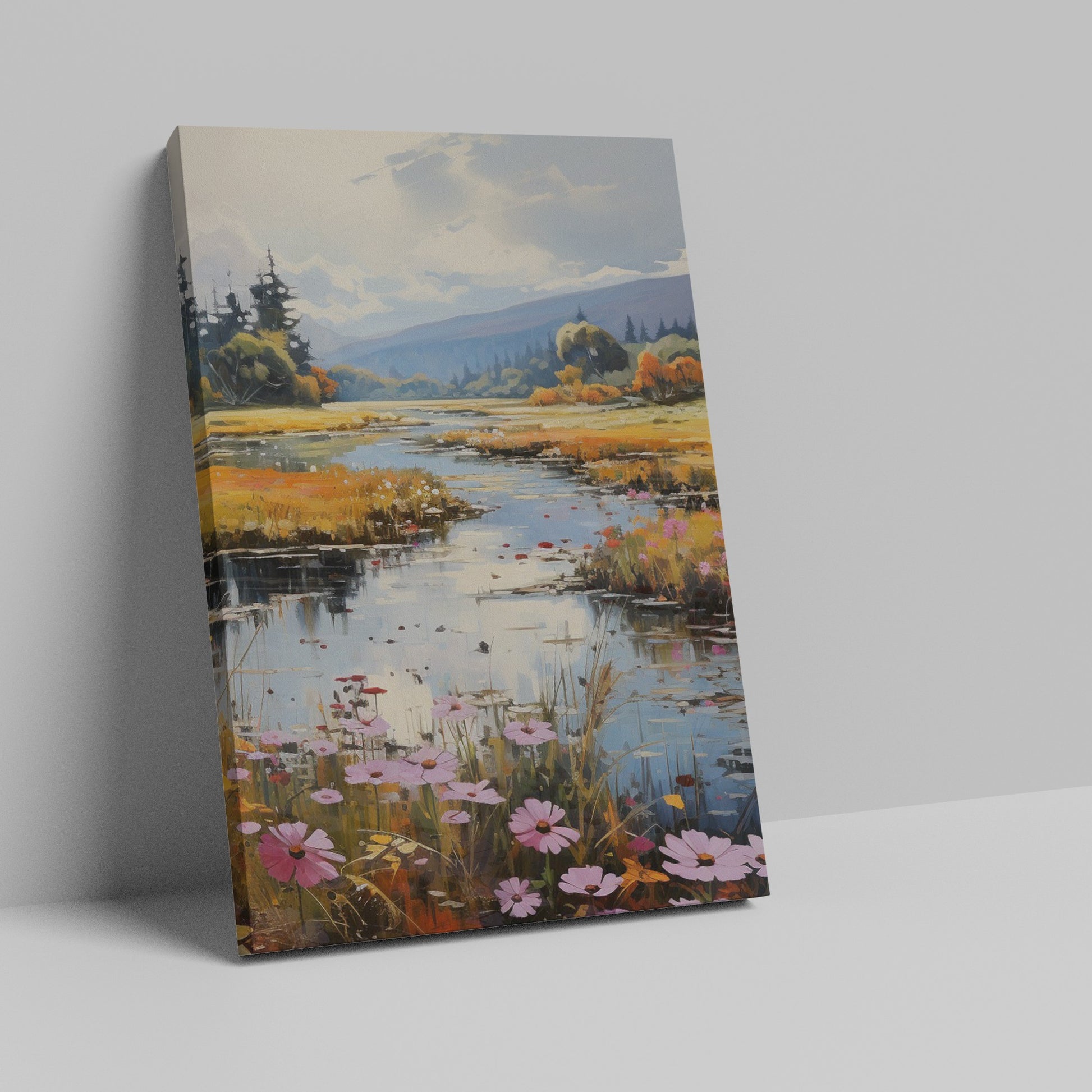 Framed canvas print of an autumnal river landscape with vibrant wildflowers and a tranquil woodland stream