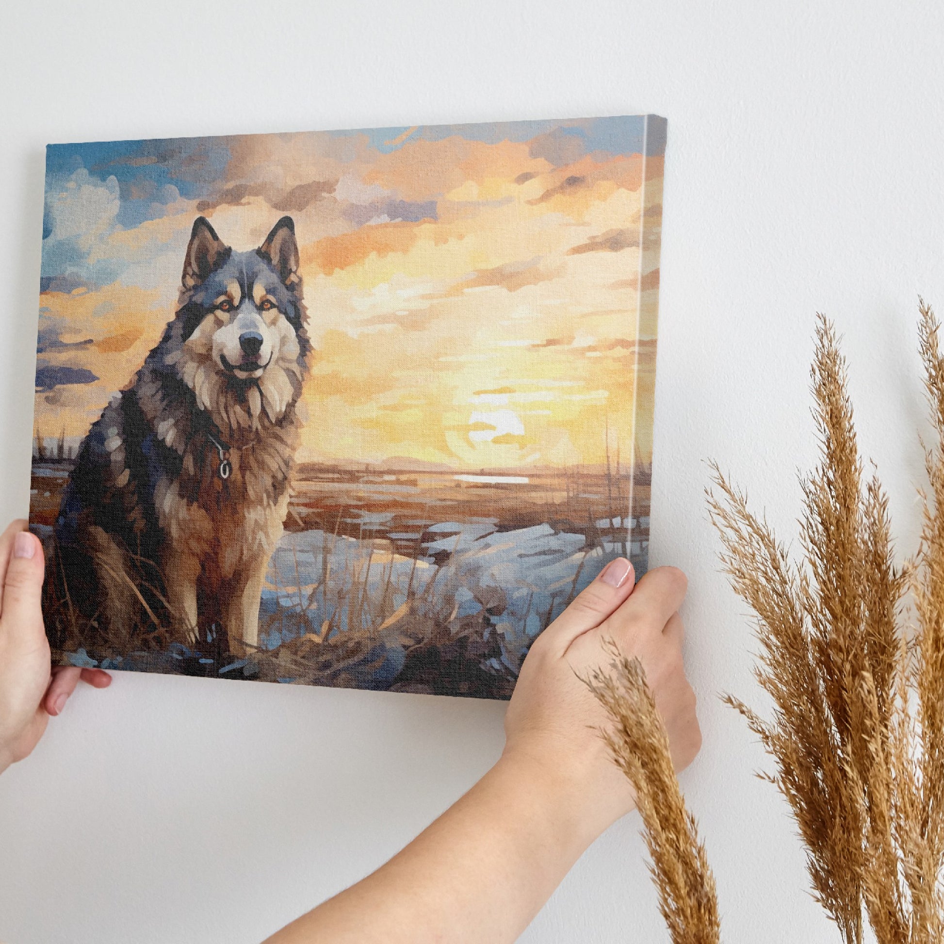 Framed canvas print of a Siberian Husky against a sunset landscape