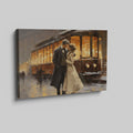 Framed canvas print of a romantic couple embracing on a snowy evening by a vintage streetcar