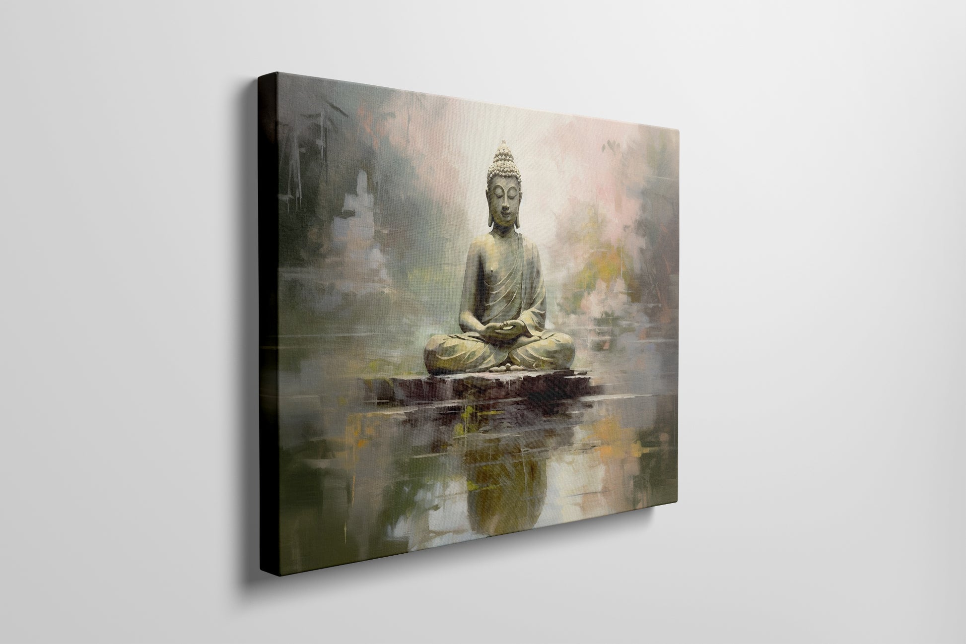 Framed canvas print of a serene Buddha sitting in meditation with a reflective water effect