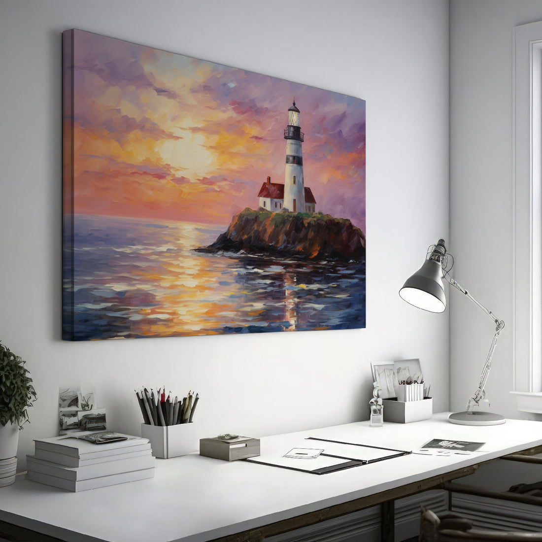 Impressionistic painting of a lighthouse on a cliff at sunset with vibrant orange, pink, and blue sky reflected in water