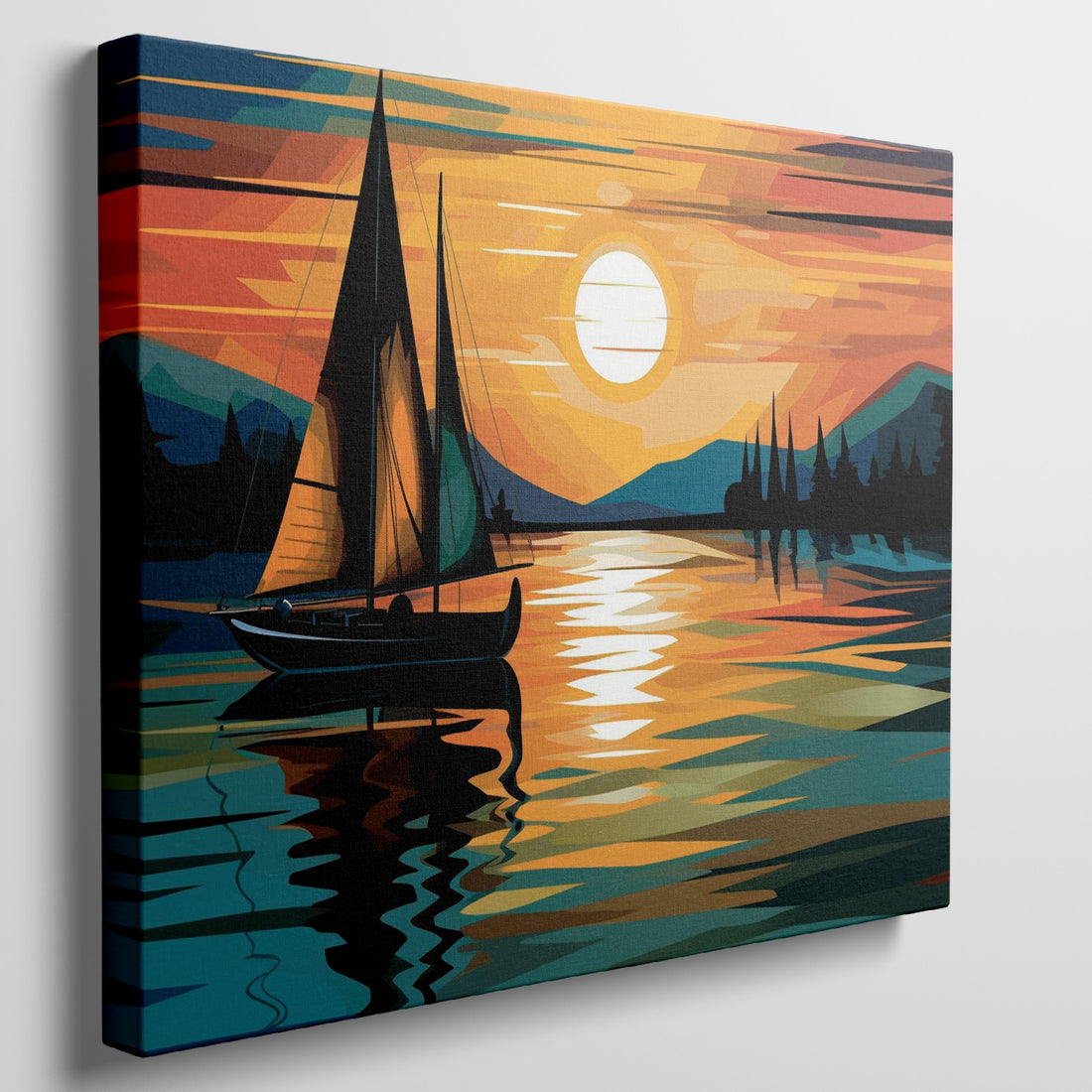 Abstract modern art style painting of a sailboat sailing at sunset with vivid reflection on water